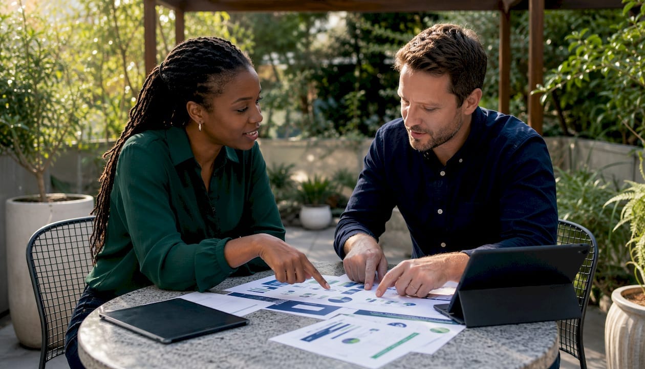 Two colleagues reviewing proposal software features at table