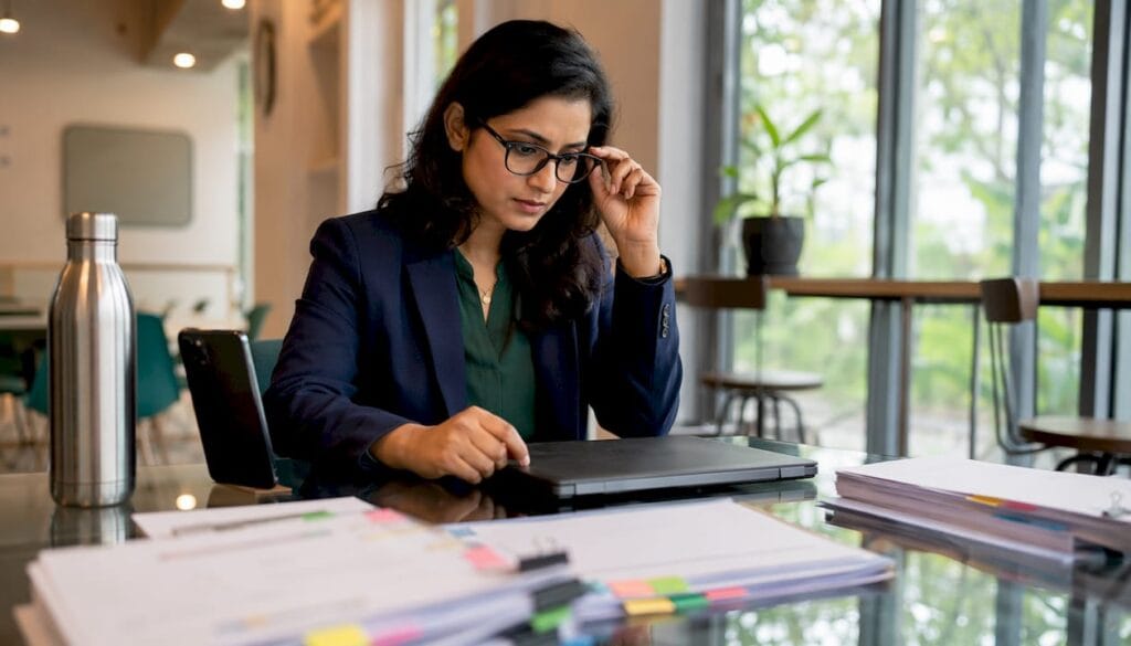 Woman managing proposal automation workflows at desk